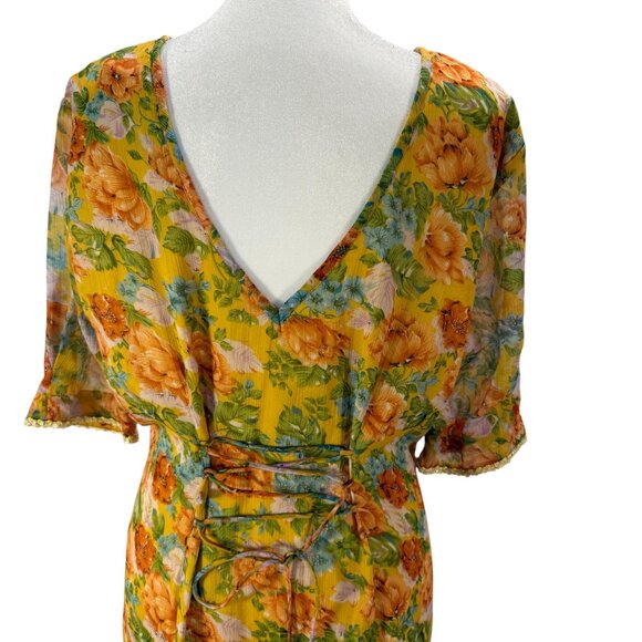 NWT Topshop Yellow Floral Maxi Dress – V-Neck Lace-Up Back, Beaded Detail - Picture 7 of 8